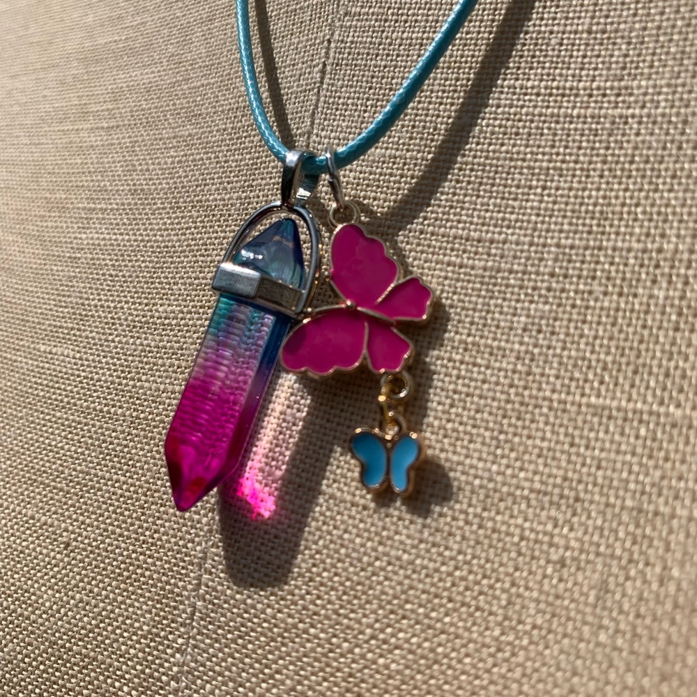 Handmade Cotton Candy Resin Crystal Amulet Necklace & Enamel Butterfly Charms - Picture 10 of 11